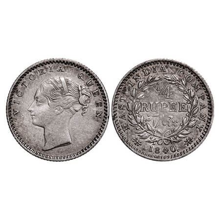 Victoria Queen, Silver, 1/4 Rupee, 1840, CL, Calcutta Mint, A(a)/I, Numeral 4 with serif.