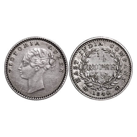 Victoria Queen, Silver, 1/4 Rupee, 1840, CL, Madras Mint, A(a)/I, 'S' incused and 'V' rais