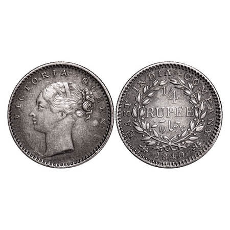 Victoria Queen, Silver, 1/4 Rupee, 1840, CL, Bombay Mint, A(b)/I. GK 132. Very Fine. Scarc