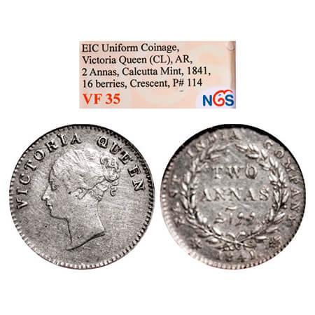 Victoria Queen, Silver, 2 Annas, 1841, CL, Calcutta Mint, A/I, Plain edge, Wreath with 16 