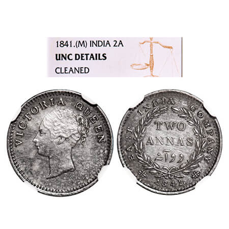 Victoria Queen, Silver, 2 Annas, 1841, CL, Madras Mint, A(b)/I, 'S' incused & 'V' raised, 