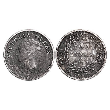 Victoria Queen, Silver, 2 Annas, 1841, CL, Bombay Mint, A(a)/I, Plain edge, Wreath with 16