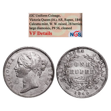 Victoria Queen, Silver, Rupee, 1840, DL, Calcutta Mint, W.W. raised, With large Diamonds m