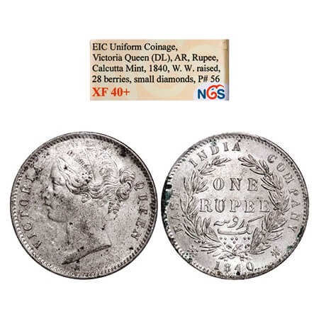 Victoria Queen, Silver, Rupee, 1840, DL, Calcutta Mint, W.W. raised, Wreath with 28 Berrie