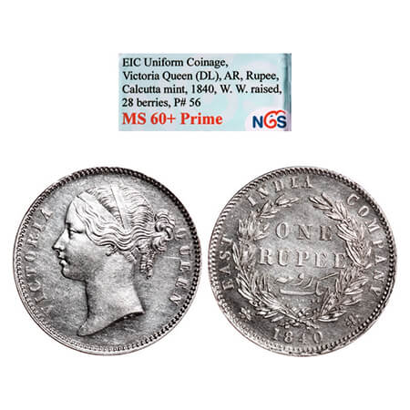 Victoria Queen, Silver, Rupee, 1840, DL, Calcutta Mint, W.W. raised, Wreath with 28 Berrie