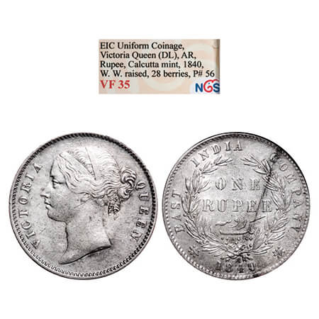 Victoria Queen, Silver, Rupee, 1840, DL, Calcutta Mint, W.W. raised, Wreath with 28 Berrie