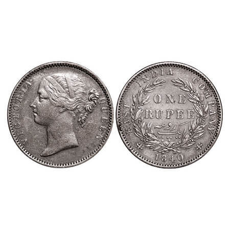 Victoria Queen, Silver, Rupee, 1840, DL, Madras Mint, W.W. 'B' raised, 28 Berries (13L + 1