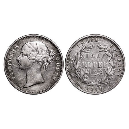 Victoria Queen, Silver, Half Rupee, 1840, DL, Calcutta Mint, .W.W incused, Wreath with 24 