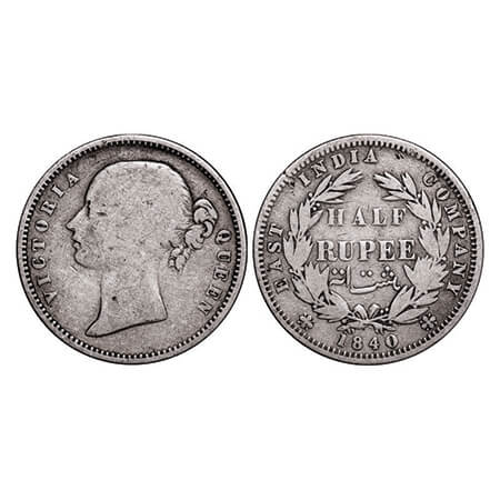 Victoria Queen, Silver, Half Rupee, 1840, DL, Calcutta Mint, .W.W incused, Wreath with 24 