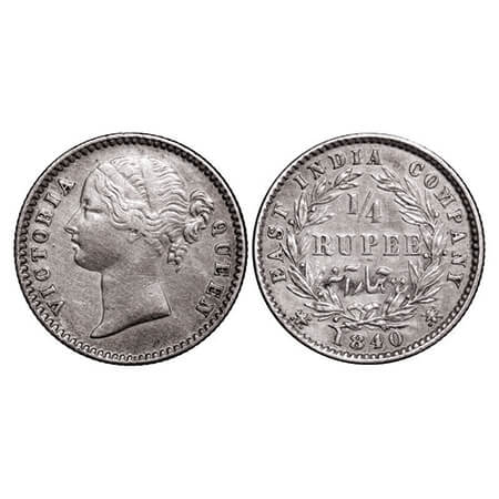 Victoria Queen, Silver, 1/4 Rupee, 1840, DL, Calcutta Mint, W.W. raised, Wreath with 10 Be