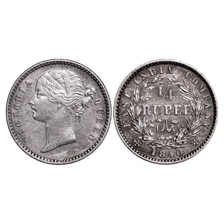 Victoria Queen, Silver, 1/4 Rupee, 1840, DL, Calcutta Mint, W.W. raised, Wreath with 10 Be