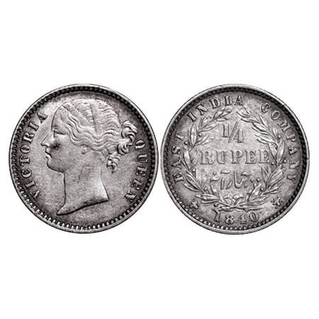 Victoria Queen, Silver, 1/4 Rupee, 1840, DL, Calcutta Mint, W.W. raised, Wreath with 10 Be