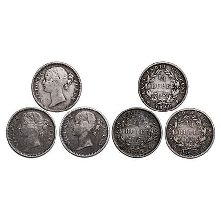 Victoria Queen, Silver, 1/4 Rupee, (3 coins), DL, 1840, Calcutta Mint, W.W. raised, Wreath