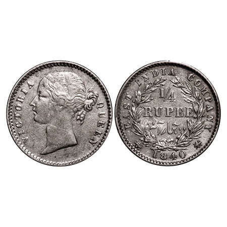 Victoria Queen, Silver, 1/4 Rupee, 1840, DL, Calcutta Mint, W.W. raised, Wreath with 10 Be