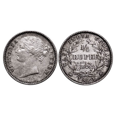 Victoria Queen, Silver, 1/4 Rupee, 1840, DL, Madas Mint, W.W. 'S' raised, Wreath with 10 B