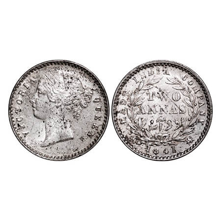 Victoria Queen, Silver, 2 Annas, 1841, DL, Calcutta Mint, W.W. raised, Wreath with 9 Berri