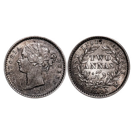 Victoria Queen, Silver, 2 Annas, 1841, DL, Calcutta Mint, W.W. raised, 9 Berries (5L + 4R)