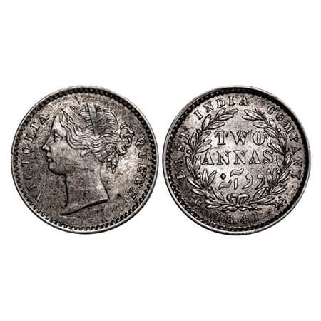 Victoria Queen, Silver, 2 Annas, 1841, DL, Calcutta Mint, W.W. raised, 9 Berries (5L + 4R)