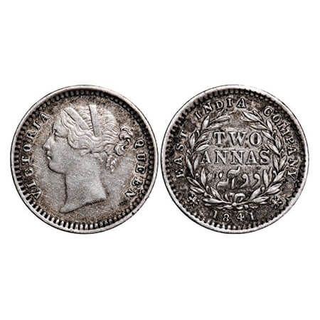 Victoria Queen, Silver, 2 Annas, 1841, DL, Bombay Mint, .W.W raised, Wreath with 9 berries