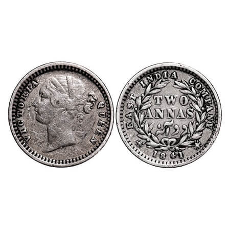 Victoria Queen, Silver, 2 Annas, 1841, DL, Bombay Mint, .W.W raised, Wreath with 9 berries