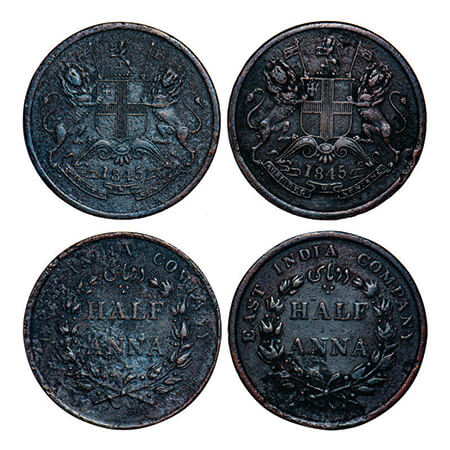 Victoria Queen, Copper, Half Anna, (2 coins), 1845, Calcutta Mint, Obv 'B', 1) Big Lion on