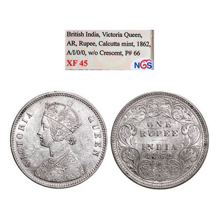 Victoria Queen, Silver, Rupee, 1862, Calcutta Mint, A/I, w/o initial 'J'. GK 256. NGS Slab