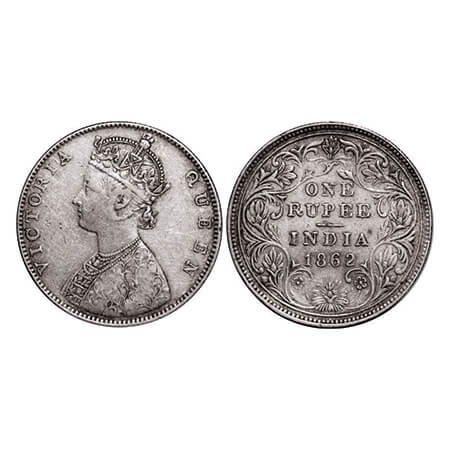 Victoria Queen, Silver, Rupee, 1862, Bombay Mint, D/II, The Queen's jabot has 5 panels, Ob