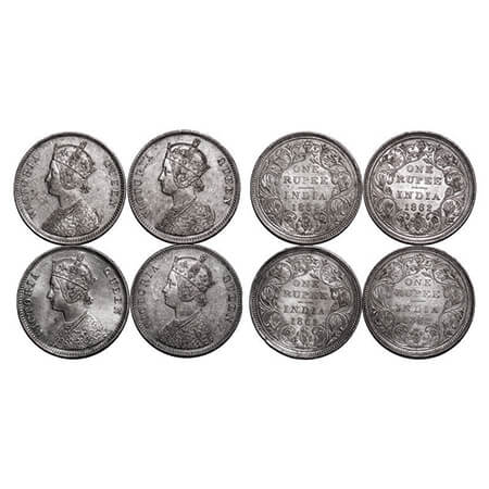 Victoria Queen, Silver, Rupee (4 Coins), 1862, 1) Bombay Mint, A/II/0/6, Ghost on Obv, Com