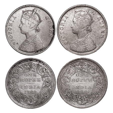 Victoria Queen, Silver, Rupee, (2 coins), 1862, Bombay Mint, 1) A/II/0/7, 2) A/II/0/10, w/
