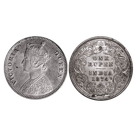 Victoria Queen, Silver, Rupee, 1874, Calcutta Mint, A1/I, No mint mark, Numeral 7 and 4 of