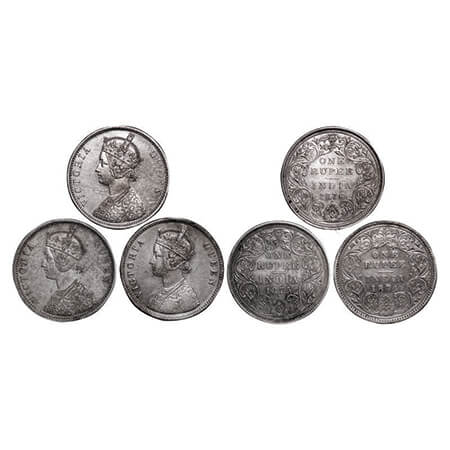 Victoria Queen, Silver, Rupee, (3 coins), 1) 1874, Calcutta Mint, A1/I, No mint mark, 2) 1