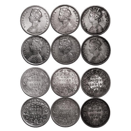 Victoria Empress, Silver, Rupee, (Lot of 6 coins), Bombay Mint, 1) 1878, A3/II(I), Dot, 2)