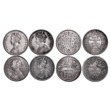 Victoria Empress, Silver, Rupee, (4 coins), 1) 1878, Bombay Mint, A3/II(ii), Dot, 2) 1878,