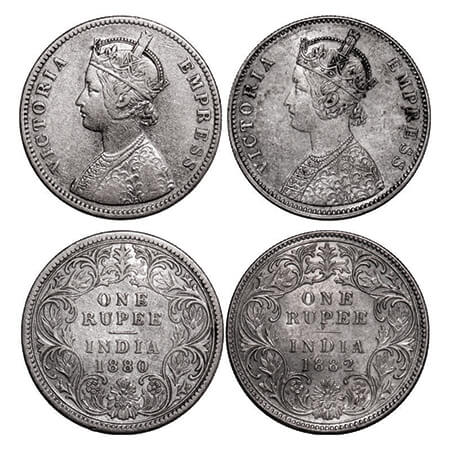 Victoria Empress, Silver, Rupee, (2 coins), 1) 1880, Calcutta Mint, A1/I, 'C' incused, 2) 
