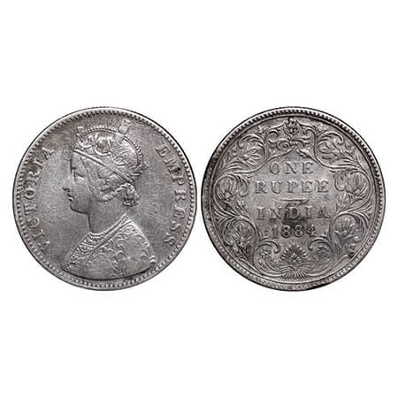 Victoria Empress, Silver, Rupee, 1884, Bombay Mint, A3/II(i), 'B' raised (bottom). GK 487.