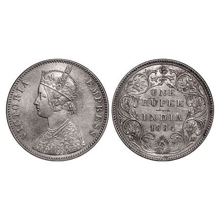 Victoria Empress, Silver, Rupee, 1884, Bombay Mint, A3/II(i), 'B' raised (bottom). GK 487.