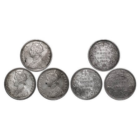 Victoria Empress, Silver, Rupee, (3 coins), 1) 1885, Bombay Mint, A3/II(i), 'B' incused, T