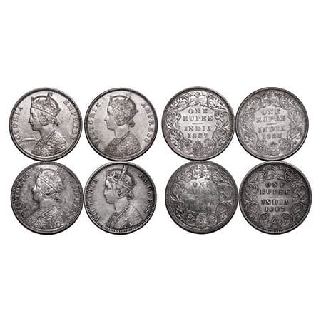 Victoria Empress, Silver, Rupee, (4 coins), Bombay Mint, 1) 1887, C2/I(ii), 'B' raised, 2)