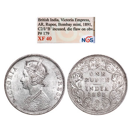 Victoria Empress, Silver, Rupee, 1891, Bombay Mint, C2/I, 'B' incused, Die flaw on Obv men