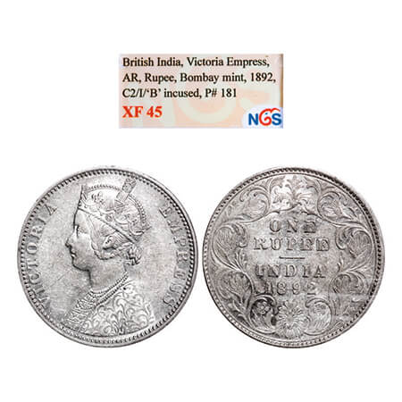 Victoria Empress, Silver, Rupee, 1892, Bombay Mint, C2/I, 'B' incused. GK 572. NGS Slabbed
