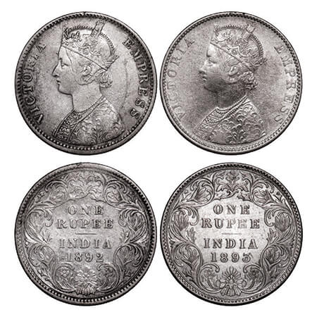 Victoria Empress, Silver, Rupee, (2 coins), 1) 1892, Calcutta mint, C3/I, 'C' incused, 2) 