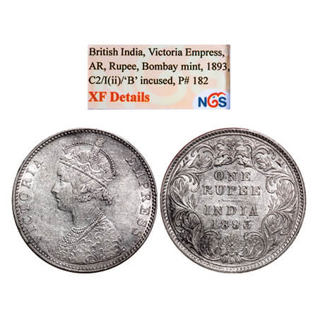 Victoria Empress, Silver, Rupee, 1893, Bombay Mint, C2/I(ii), 'B' incused, Large numeral 3