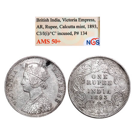 Victoria Empress, Silver, Rupee, 1893, Calcutta Mint, C3/I(i), 'C' incused. GK 580. NGS Sl
