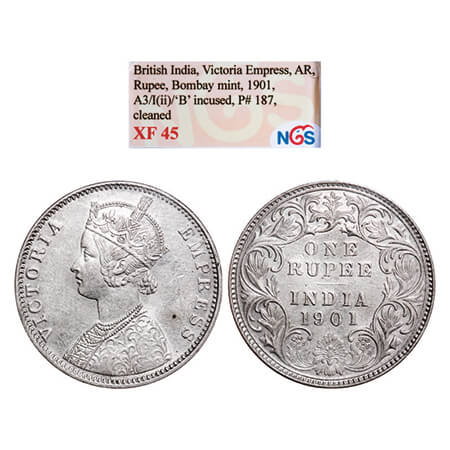 Victoria Empress, Silver, Rupee, 1901, Bombay Mint, A3(i)/I, 'B' incused. GK 592. NGS Slab