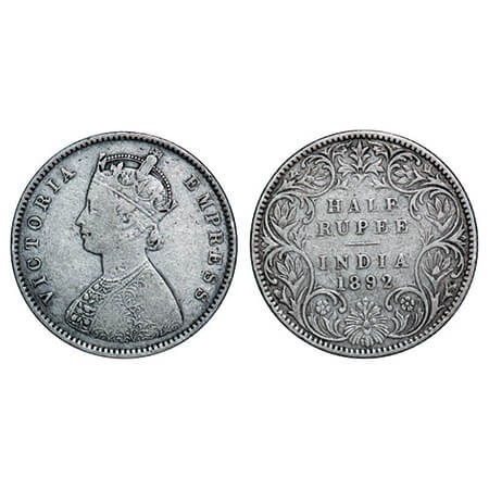 Victoria Empress, Silver, Half Rupee, 1892, Bombay Mint, A/I, 'B' incused. GK 646. Fine+. 