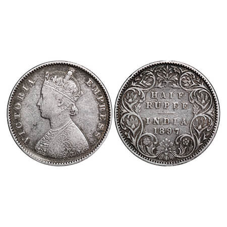 Victoria Empress, Silver, Half Rupee, 1897, Bombay Mint, A/I, 'B' incused. GK 655. Very Fi