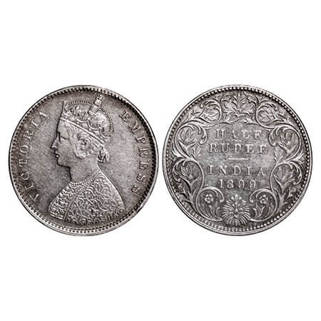 Victoria Empress, Silver, Half Rupee, 1899, Bombay Mint, A/I, 'B' incused, B incused inver