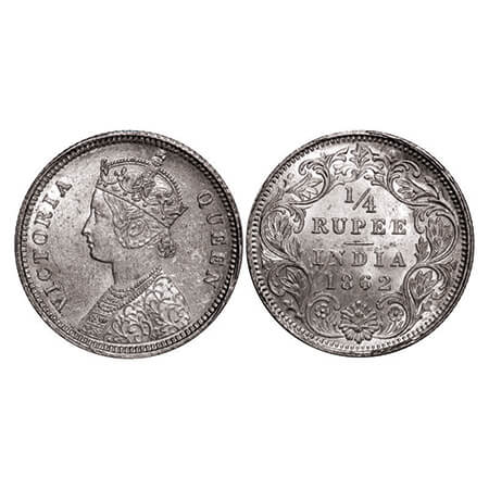 Victoria Queen, Silver, 1/4 Rupee, 1862, Calcutta Mint, A/I, Small 'V' inverted in the cen