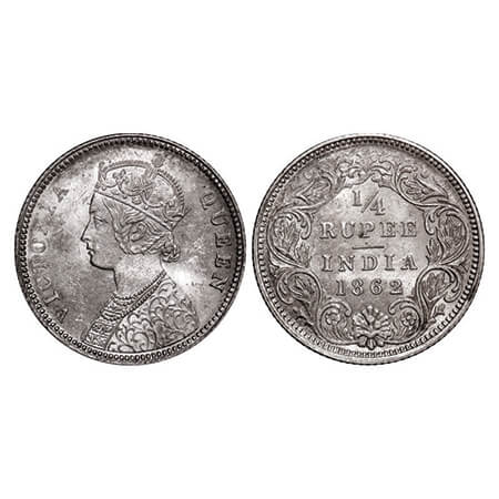 Victoria Queen, Silver, 1/4 Rupee, 1862, Calcutta Mint, A/I, Small 'V' inverted in the cen
