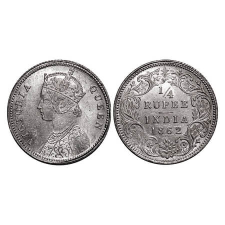 Victoria Queen, Silver, 1/4 Rupee, 1862, Calcautta Mint, A/I. GK 375. Uncirculated. Scarce